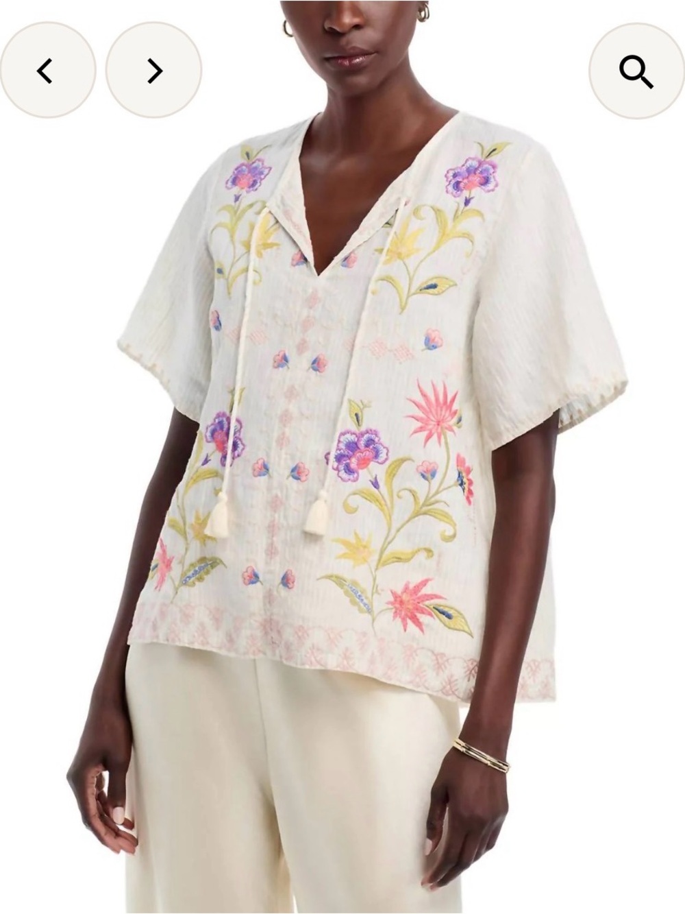 NWT Johnny Was Cream Embroidered Floral Tie-Neck Top 100% Linen